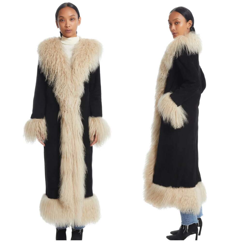 Susanna Chow Women's Dorothy Suede Leather Long Coat Black Mohair NEW Large